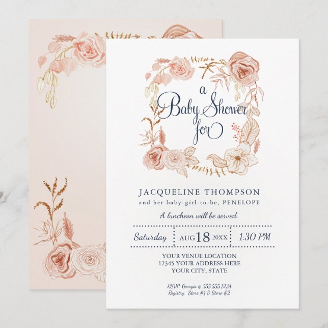 Baby Girl Dusche Navy Blush Pink Aquarellblume Einladung (Vorne/Hinten)