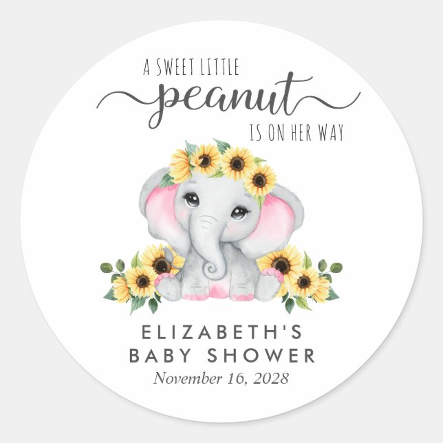 Baby Girl Dusche Niedlich Elephant Sonnenblumen Runder Aufkleber (Vorderseite)