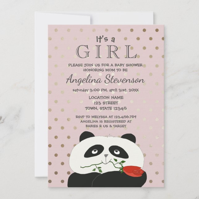 Baby Girl Dusche Niedlich Pink Panda Einladung (Vorderseite)