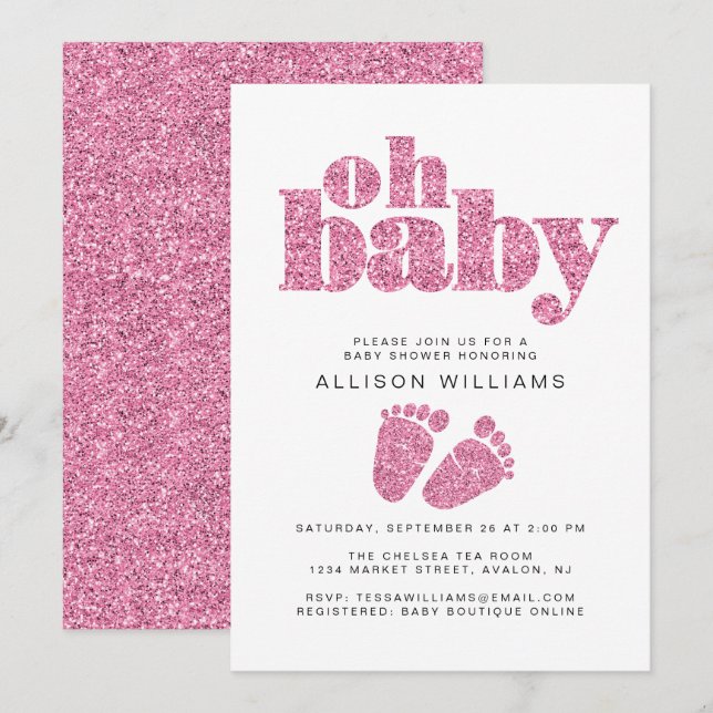 Baby Girl Dusche Pink Glitzer Einladung (Vorne/Hinten)
