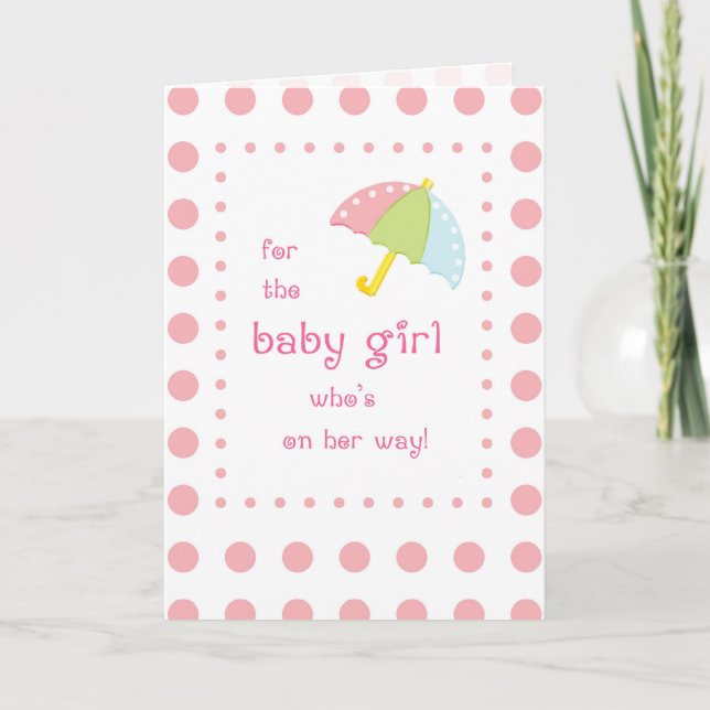 Baby Girl Dusche, rosa Punkte und Regenschirm Einladung (Vorderseite)