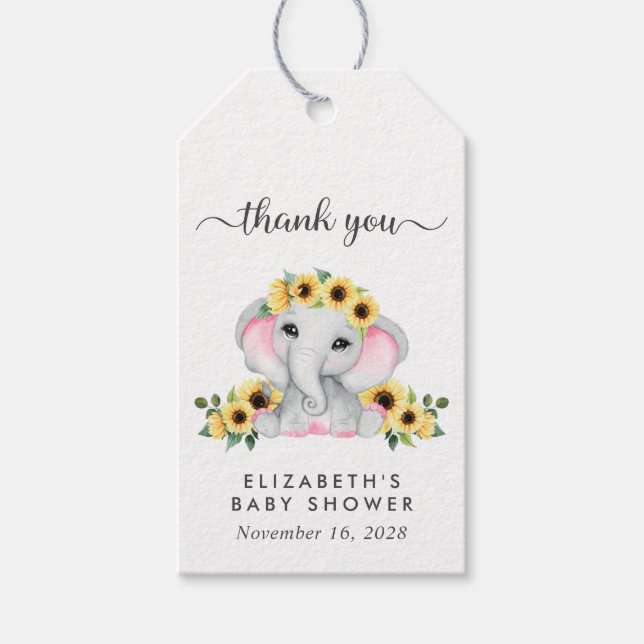 Baby Girl Dusche Sonnenblumen Elephant Vielen Dank Geschenkanhänger (Vorderseite)