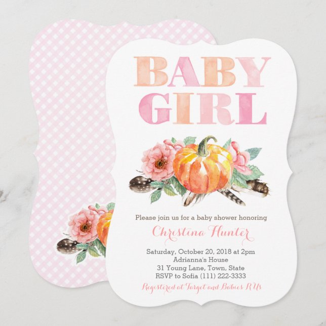 Baby Girl Dusche Vintage Rose Pumpkin Einladung (Vorne/Hinten)