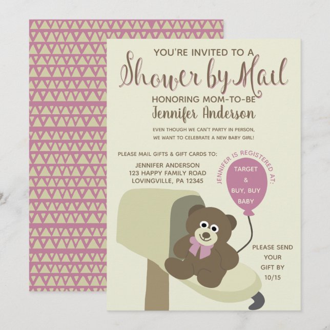 Baby Girl Dusche von Mail Teddy Bear Einladung (Vorne/Hinten)