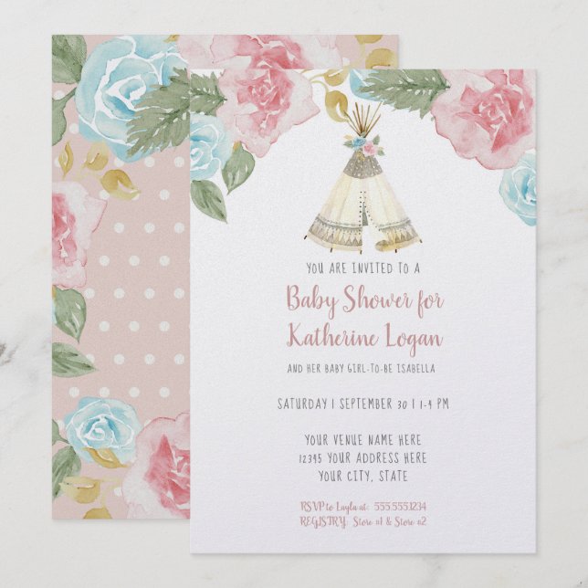 Baby Girl Dusche Woodland Animal Floral Water colo Einladung (Vorne/Hinten)