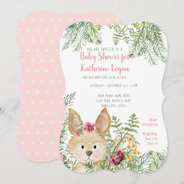 Baby Girl Dusche Woodland Tierkaninchen Blumenart Einladung (Vorne/Hinten)