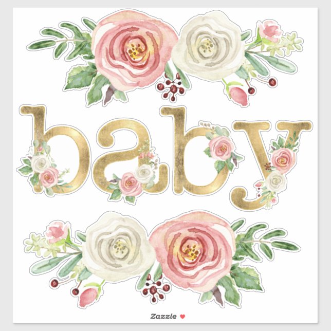 Baby Girl Duwer Deco Aquarell Floral w Gold Aufkleber (Blatt)
