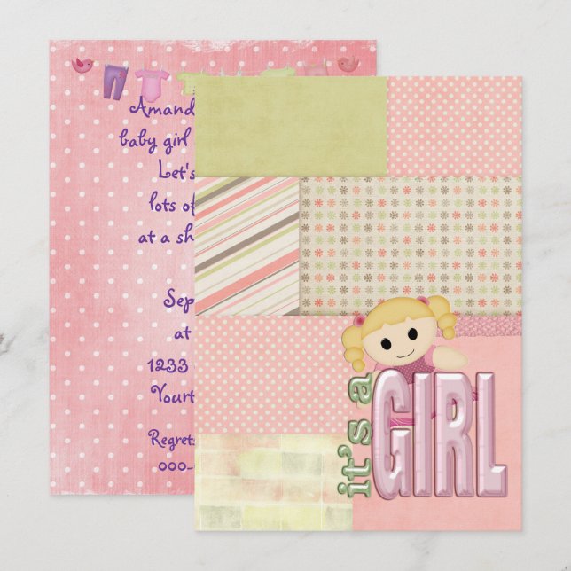 Baby Girl Duwer-doll auf Quiltedesign Einladung (Vorne/Hinten)