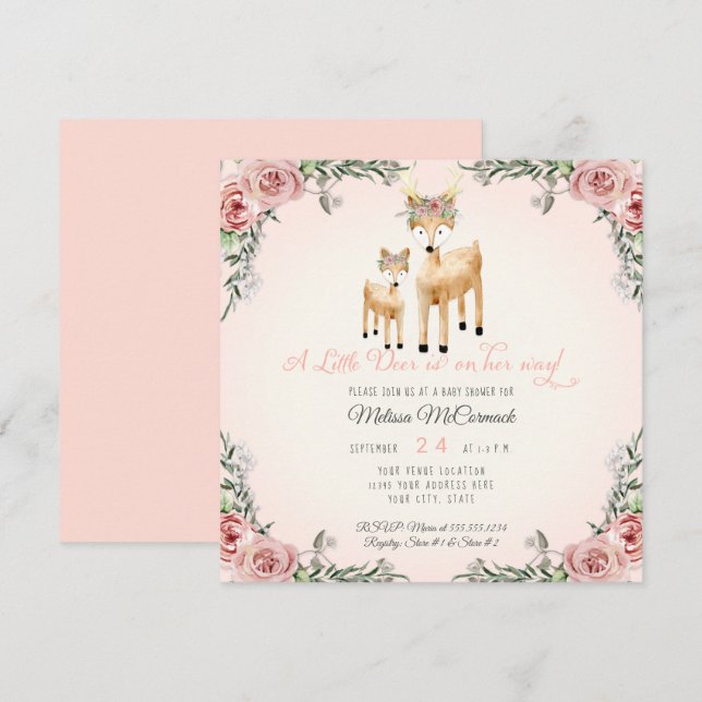 Baby Girl Duwer Little Deer Antler Rose Square Einladung (Vorne/Hinten)