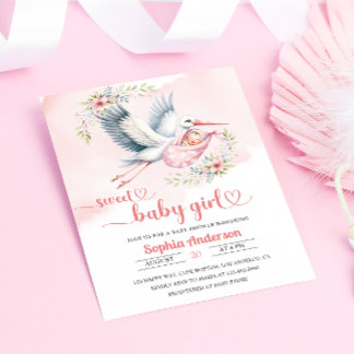 Baby Girl Duwer mit Stork Illustration - elegant Einladung