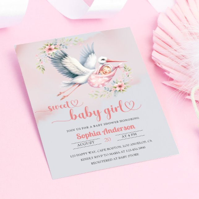 Baby Girl Duwer mit Stork Illustration - elegant Einladung (Von Creator hochgeladen)