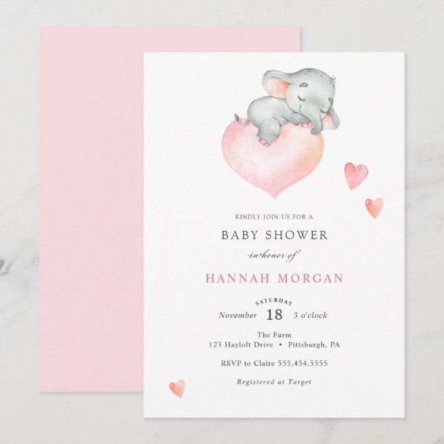 Baby Girl Elephant Baby Dusche Einladung (Vorne/Hinten)