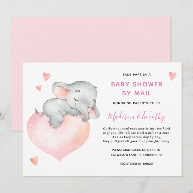 Baby Girl Elephant Babydusche per Mail Einladung (Vorne/Hinten)