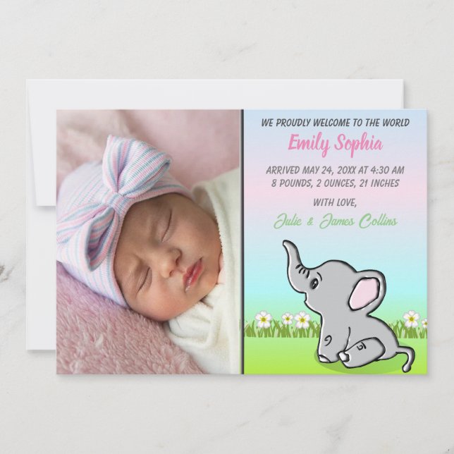 Baby Girl Elephant Flat Announcement Card Ankündigung (Vorderseite)