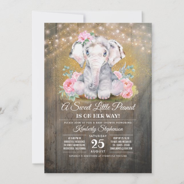 Baby Girl Elephant Floral Baby Dusche Einladung (Vorderseite)