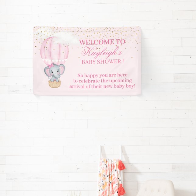Baby Girl Elephant Hot Air Ballon Babydusche Banner (InSitu)