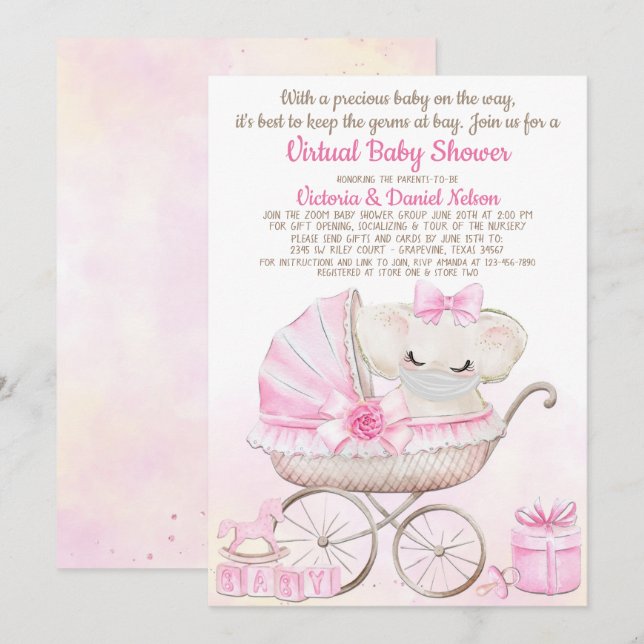 Baby Girl Elephant mit Mask Zoom Baby Dusche Einladung (Vorne/Hinten)