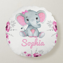 Baby Girl Elephant Name Custom Gift Pink Blume Rundes Kissen