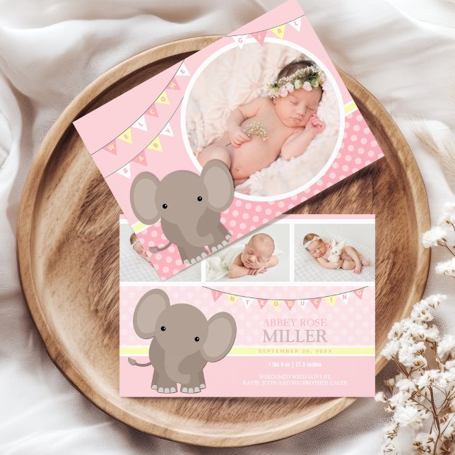 Baby Girl Elephant Photo Faire-part de naissance (Photo Baby Girl Birth Announcement with Elephant)