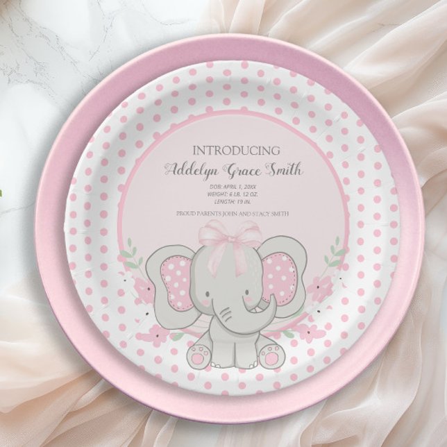 Baby Girl Elephant Pink Polka Dot Sip Dusche Pappteller (Pink and white polka dots baby elephant little girl baby shower paper plates)