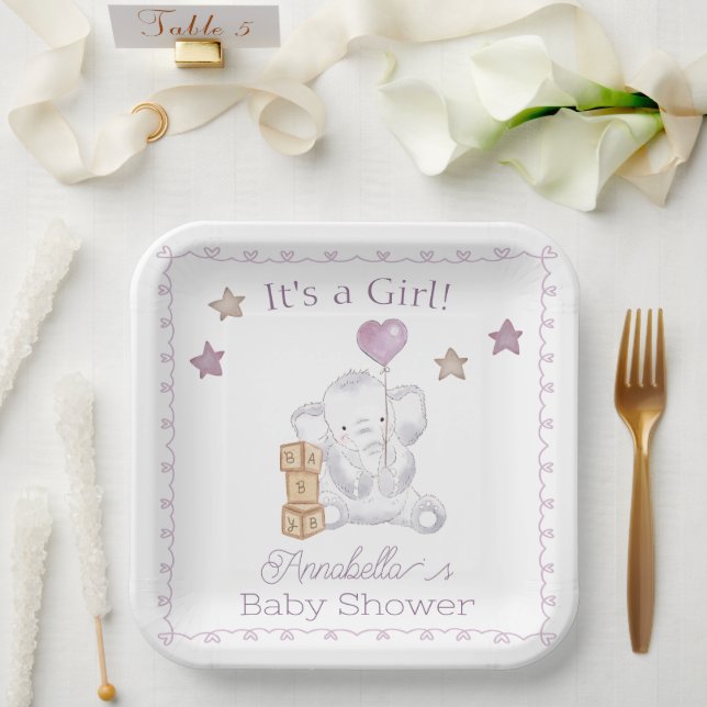 Baby Girl Elephant und Niedlich Balloon Wassercolo Pappteller (Hochzeit)