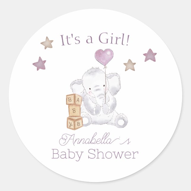 Baby Girl Elephant und Niedlich Balloon Wassercolo Runder Aufkleber (Vorderseite)