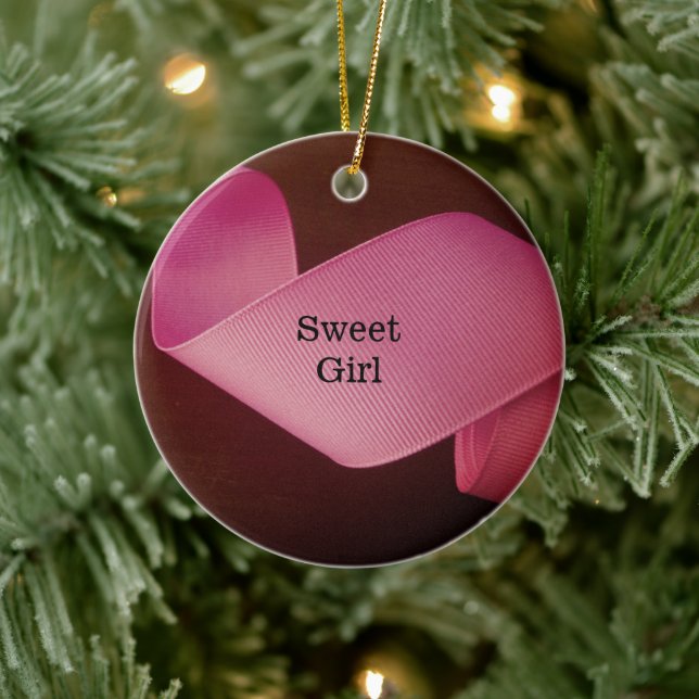 Baby Girl erste Weihnachts rosa Band wirbeln Keramik Ornament (Baum)