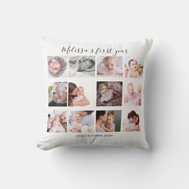 Baby Girl Erstes Jahr Foto Collage Geschenk nach M Kissen (Vorderseite)