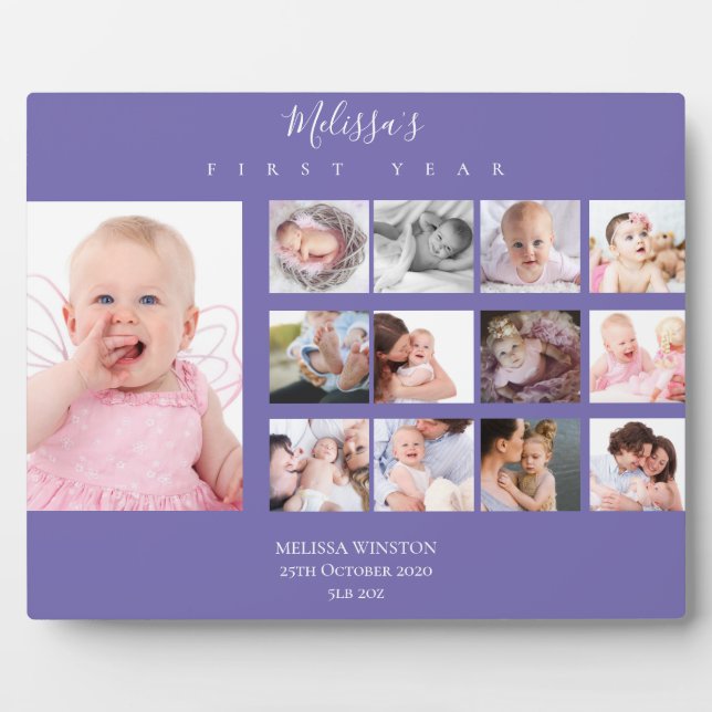 Baby Girl Erstes Jahr FotoCollage Custom Lila Fotoplatte (Vorderseite)
