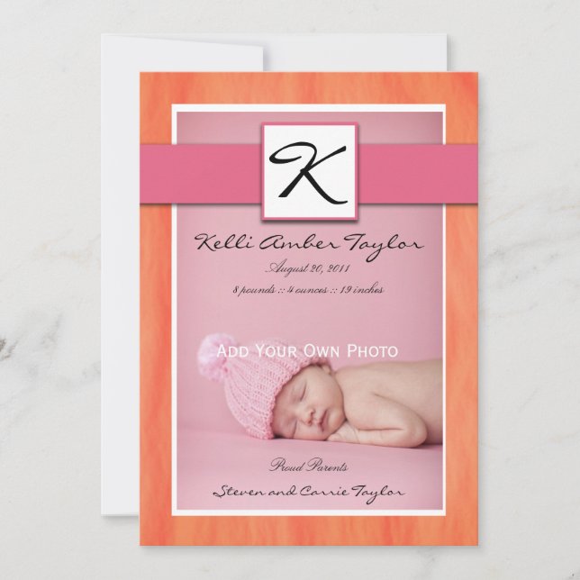 Baby Girl Faire-part de naissance rose orange (Devant)