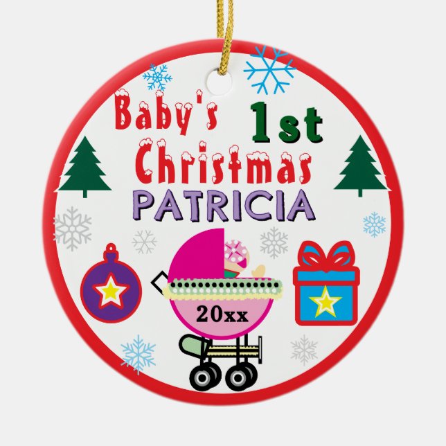 Baby Girl First Christmas Baby Carriage NAME Keramik Ornament (Vorne)