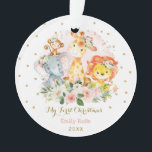 Baby Girl First Christmas Blush Gold Floral Safari Ornament<br><div class="desc">Dieses feminine Design besticht durch eine Gruppe von zauberhaften Dschungeltieren,  umgeben von wunderschönen,  in Aquarelltönen blütigen Rosen und Glitzer Confetti</div>