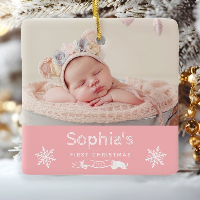 Baby Girl First Christmas Custom Foto Pink Keramikornament (Von Creator hochgeladen)