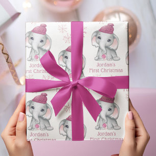 Baby Girl First Christmas Elephant Pink Snow Name Geschenkpapier Set