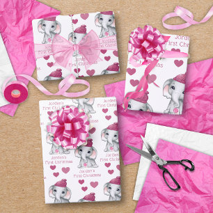 Baby Girl First Christmas Elephant Rosa Name Geschenkpapier Set