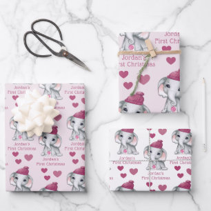 Baby Girl First Christmas Elephant Rosa Name Geschenkpapier Set