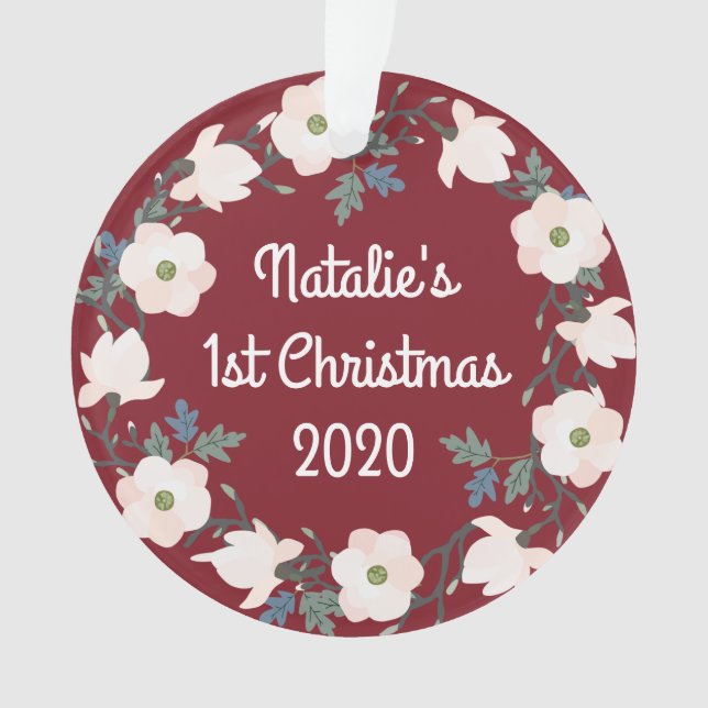Baby Girl First Christmas Floral Burgundy Photo (devant)