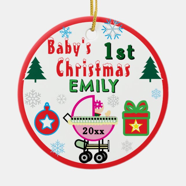 Baby Girl First Christmas Green NAME Keramik Ornament (Vorne)