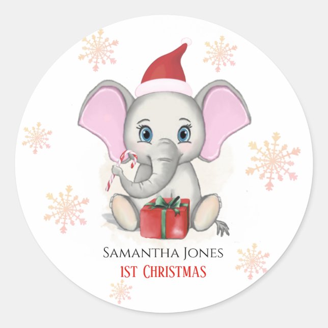 Baby Girl First Christmas Niedlich Elephant Holida Runder Aufkleber (Vorderseite)