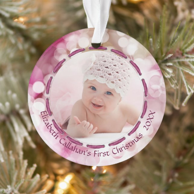 Baby Girl First Christmas Pink Bokeh Deux photos (Arbre)
