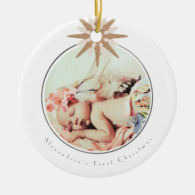 Baby Girl First Christmas Pink Snowflake Foto Keramik Ornament (Vorne)