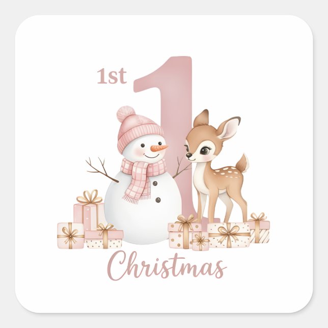 Baby Girl First Christmas Snowman Deer Quadratischer Aufkleber (Vorderseite)