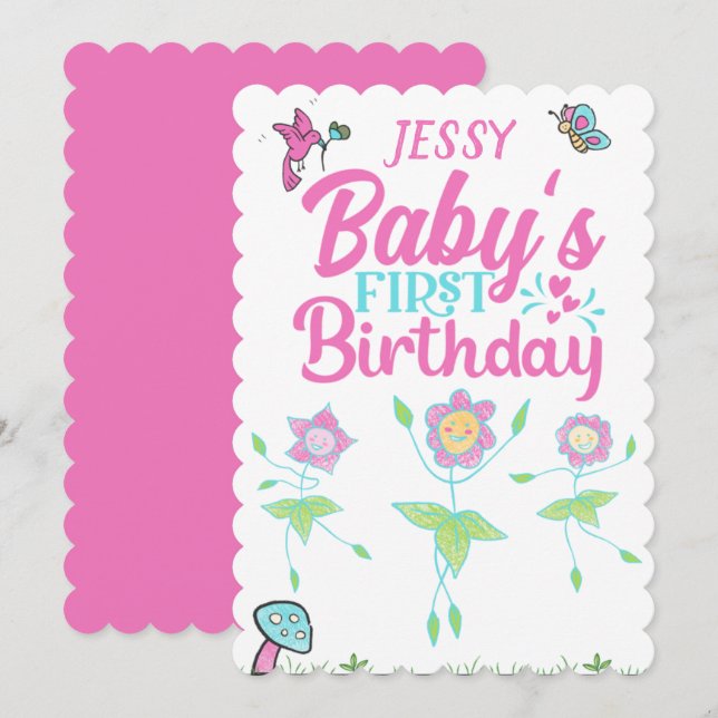 Baby Girl First Geburtstag  Einladung (Vorne/Hinten)