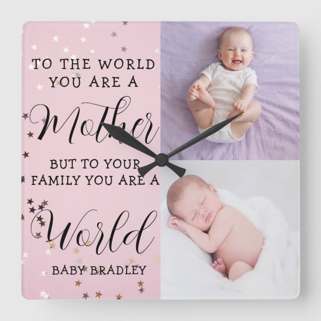 Baby girl First Year Photo Collage Keepsake pink Quadratische Wanduhr (Vorderseite)