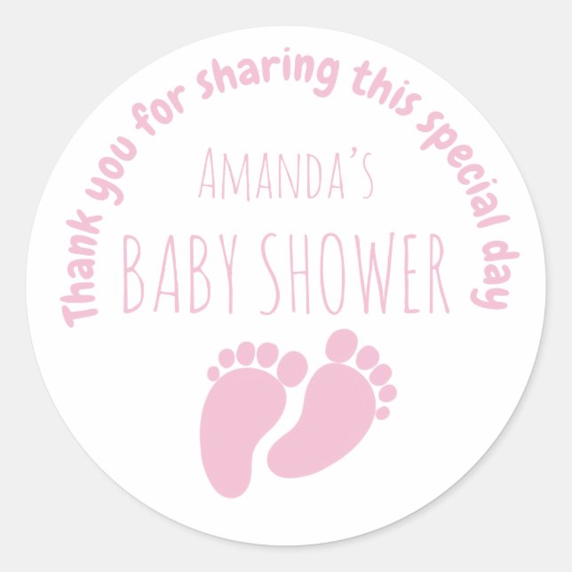 Baby Girl Footprint Baby Dusche Rosa Klassische Ru Runder Aufkleber (Vorderseite)