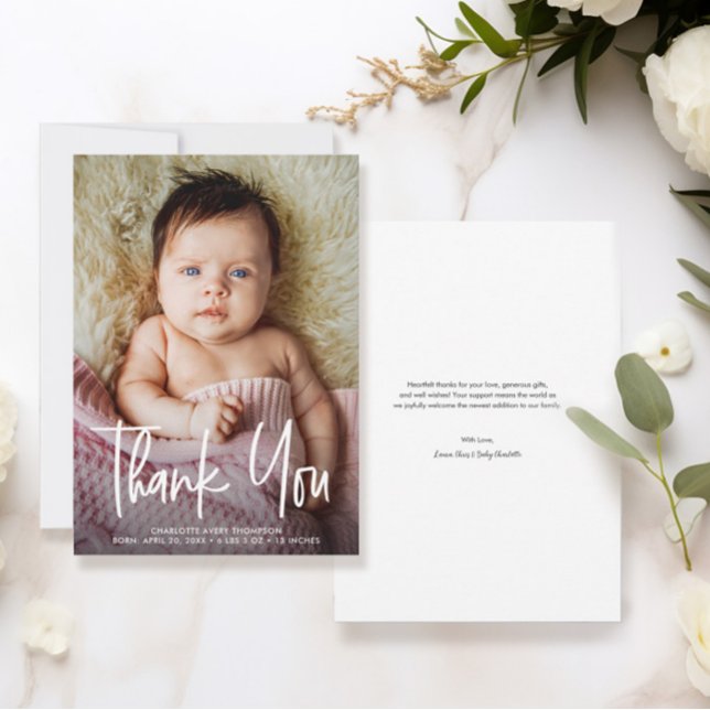 Baby Girl Foto Birth Statistik Moderne Handschrift Dankeskarte (Chic, Modern, Handlettering  baby shower Thank you, birth announcement photo card.)