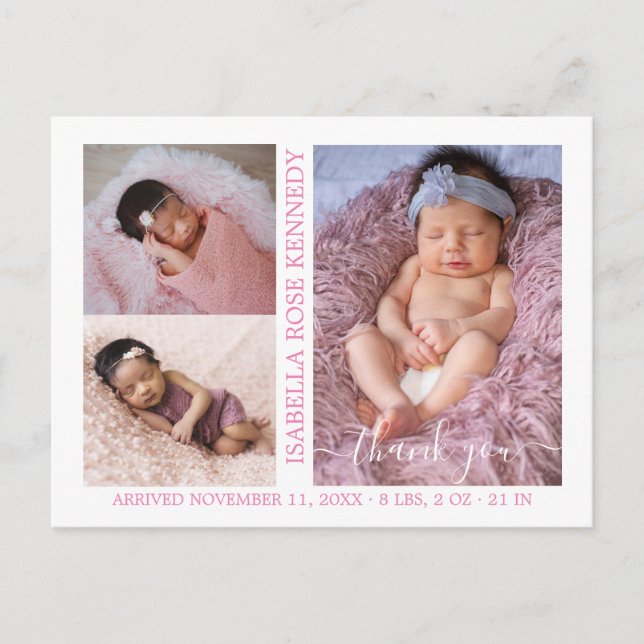 Baby Girl Foto Collage Skript Geburtsankündigung Postkarte (Vorderseite)