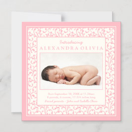 Baby Girl Foto Damask Floral Geburtsankündigung Magneteinladung