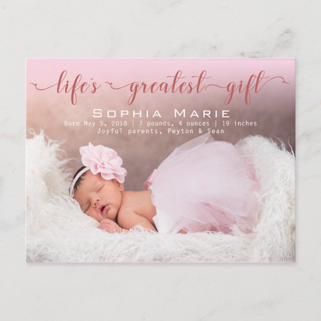 Baby Girl Foto Modernes Drehbuch Geburtserklärung Postkarte (Vorderseite)
