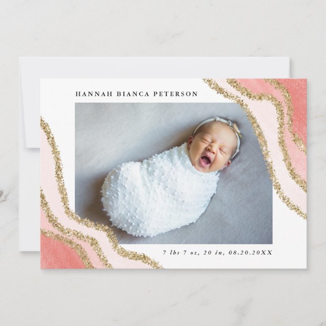 Baby Girl Foto Pink Gold Glitzer Birth Ankündigung (Vorderseite)